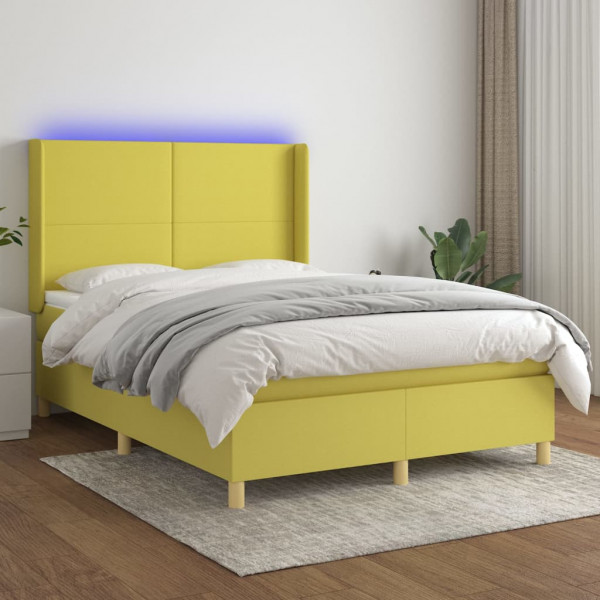 Cama box spring colchón y luces LED tela verde 140x190 cm D