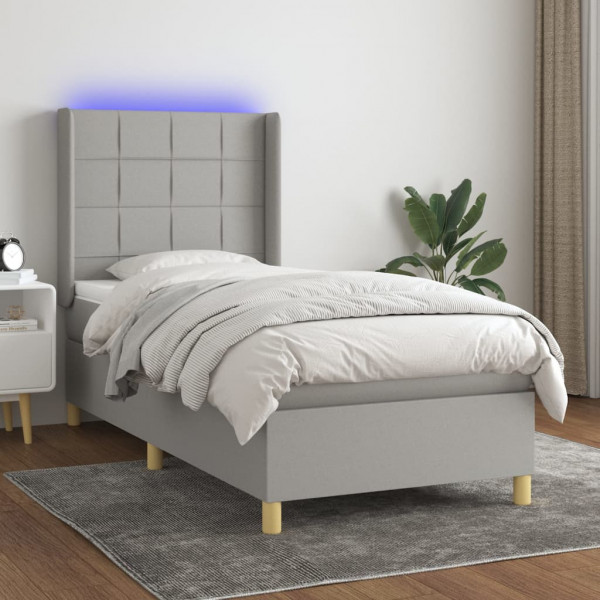 Cama box spring colchão e luzes LED tecido cinza claro 80x200 cm D