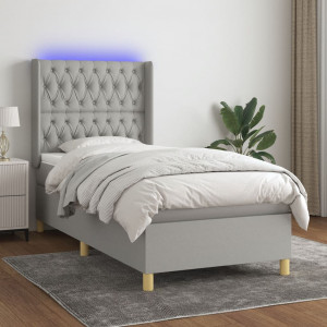 Cama box spring colchón y luces LED tela gris claro 100x200 cm D