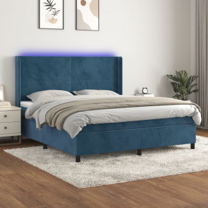 Cama box spring colchón y LED terciopelo azul oscuro 160x200 cm D