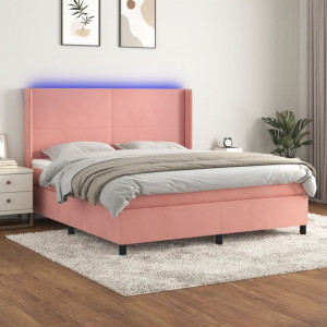 Cama box spring colchón y LED terciopelo rosa 180x200 cm D