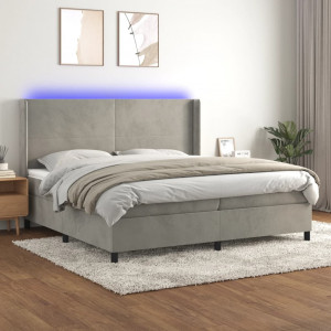 Cama box spring colchón y LED terciopelo gris claro 200x200 cm D
