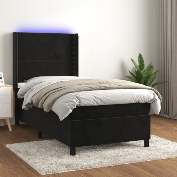 Cama box spring colchón y LED terciopelo negro 80x200 cm D