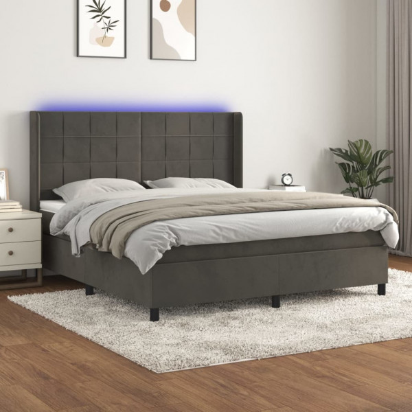 Cama box spring com colchão e veludo LED cinza escuro 160x200 cm D