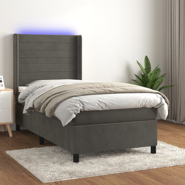 Cama box spring colchão e LED veludo cinza escuro 80x200 cm D