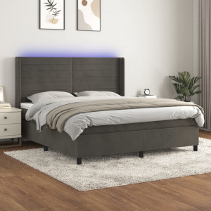 Cama box spring colchón y LED terciopelo gris oscuro 160x200 cm D