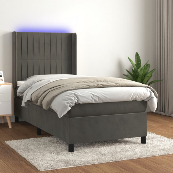 Cama box spring colchão e LED veludo cinza escuro 90x200 cm D