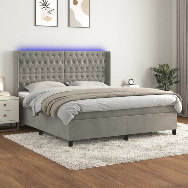 Cama box spring colchón y LED terciopelo gris claro 180x200 cm D