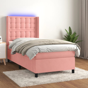 Cama box spring colchón y LED terciopelo rosa 90x200 cm D
