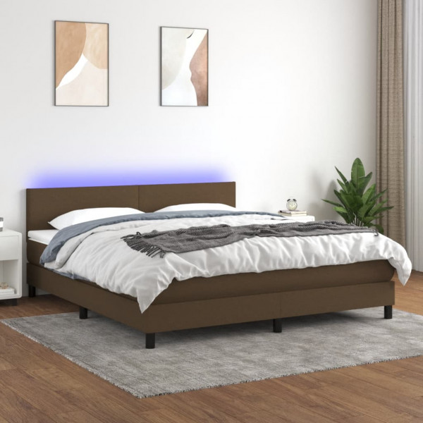 Cama box spring con colchón LED tela marrón oscuro 160x200 cm D