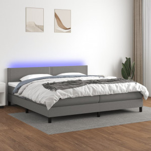 Cama box spring colchón y luces LED tela gris claro 200x200 cm D