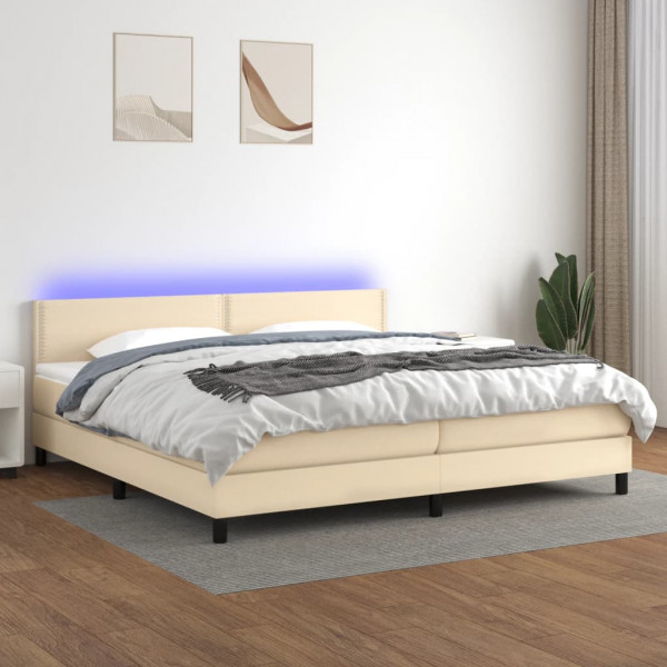 Cama box spring colchón y luces LED tela crema 200x200 cm D