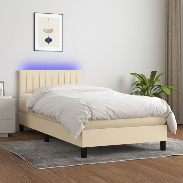 Cama box spring colchão e luzes LED tecido creme 100x200 cm D