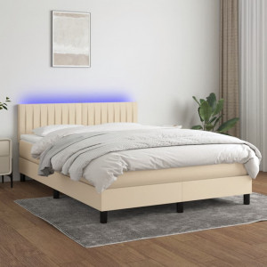 Cama box spring colchón y luces LED tela crema 140x200 cm D