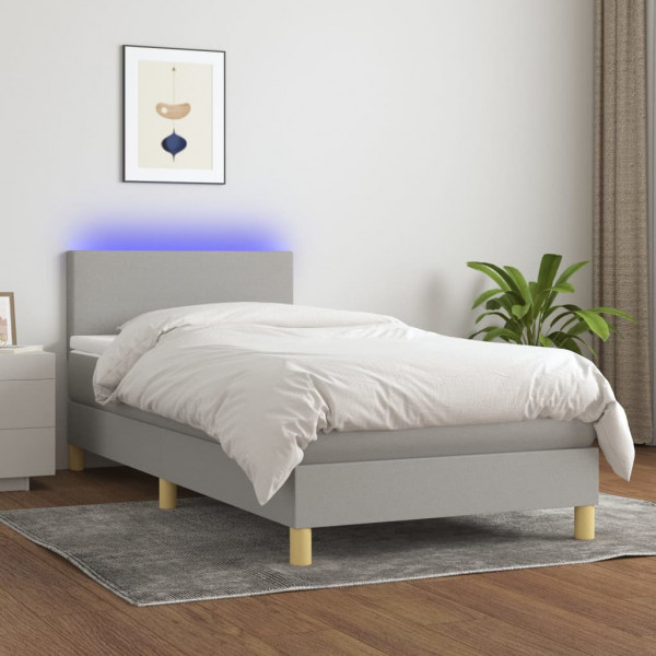 Cama box spring colchão e luzes LED tecido cinza claro 80x200 cm D