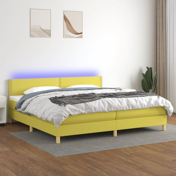 Cama box spring con colchón y LED tela verde 200x200 cm D