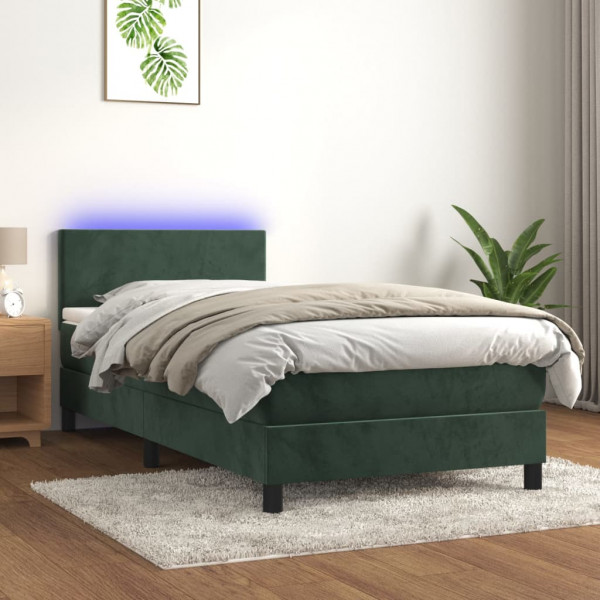Cama box spring com colchão e veludo LED verde escuro 90x200 cm D