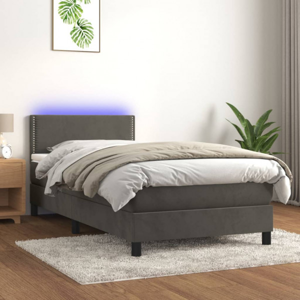 Cama box spring colchón y LED terciopelo gris oscuro 90x200 cm D