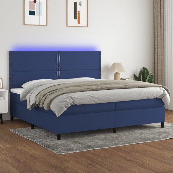 Cama box spring colchón y luces LED tela azul 200x200 cm D
