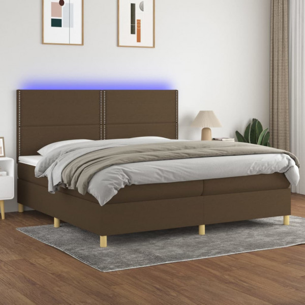 Cama box spring colchón luces LED tela marrón oscuro 200x200 cm D