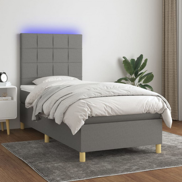 Cama box spring colchón y luces LED tela gris oscuro 90x190 cm D