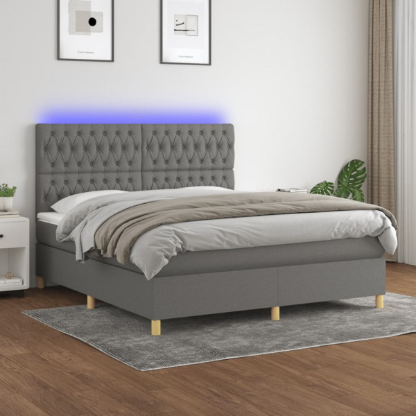 Cama box spring colchão e luzes LED tecido cinza escuro 160x200 cm D