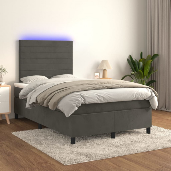 Cama box spring colchão e LED veludo cinza escuro 120x200 cm D