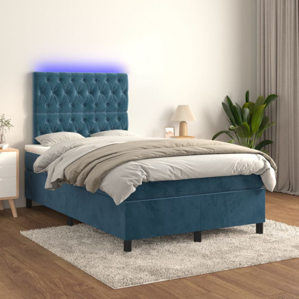 Cama box spring com colchão e veludo LED azul escuro 120x200 cm D