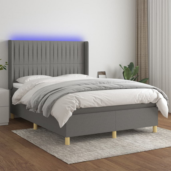 Cama box spring colchão e luzes LED tecido cinza escuro 140x200 cm D