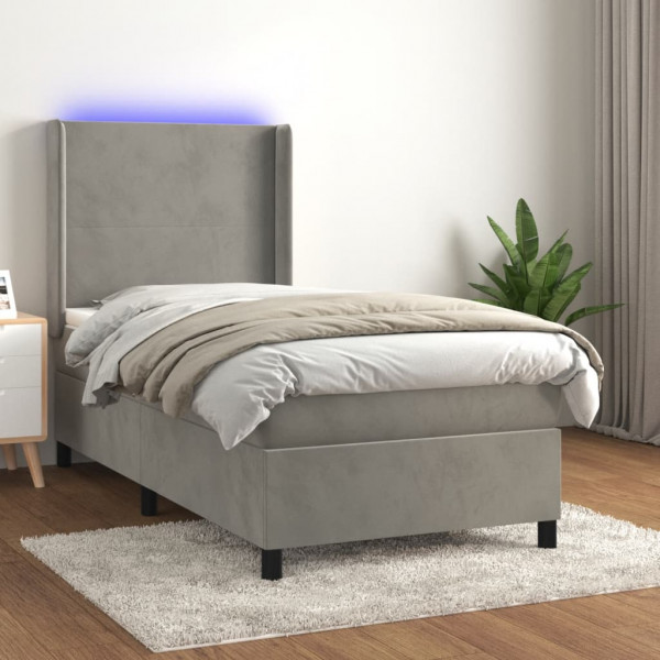 Cama box spring com colchão e veludo LED cinza claro 90x200 cm D