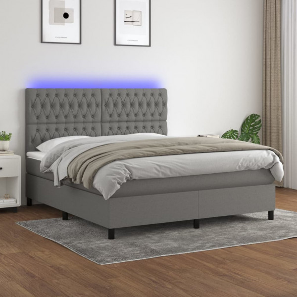 Cama box spring colchón y luces LED tela gris oscuro 160x200 cm D