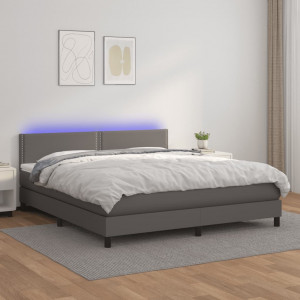 Cama box spring colchón y LED cuero sintético gris 160x200 cm D