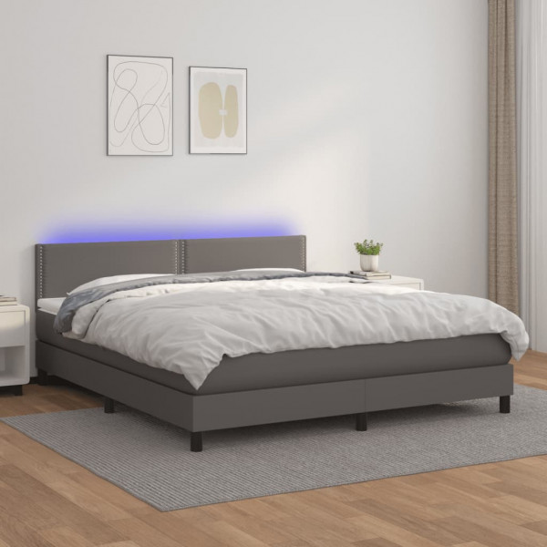 Cama box spring colchão e LED couro sintético cinza 160x200 cm D
