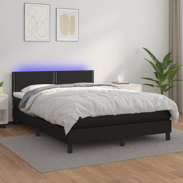 Cama box spring colchão e LED couro sintético preto 140x200 cm D