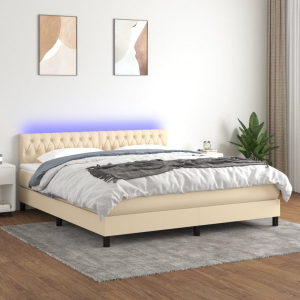 Cama box spring colchón y luces LED tela crema 180x200 cm D