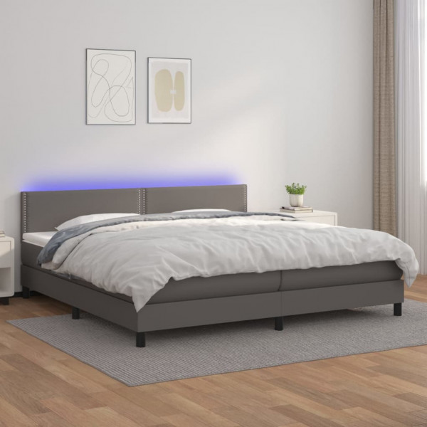 Cama box spring colchón y LED cuero sintético gris 200x200 cm D