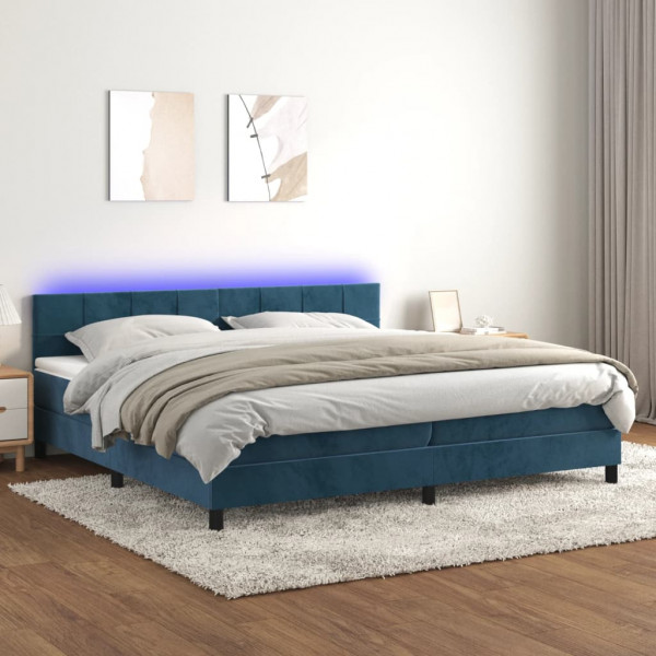 Cama box spring colchón y LED terciopelo azul oscuro 200x200 cm D