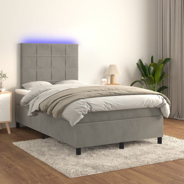 Cama box spring colchón y LED terciopelo gris claro 120x200 cm D