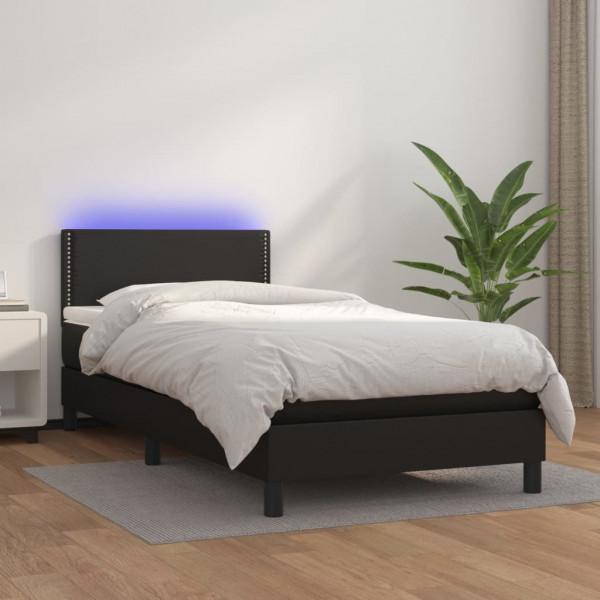 Cama box spring colchón y LED cuero sintético negro 100x200 cm D