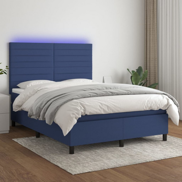 Cama box spring colchão e luzes LED tecido azul 140x200 cm D