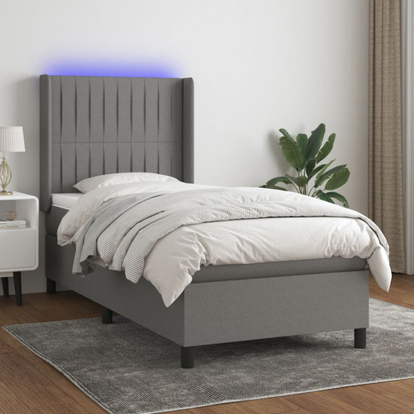 Cama box spring colchão e luzes LED tecido cinza escuro 90x200 cm D