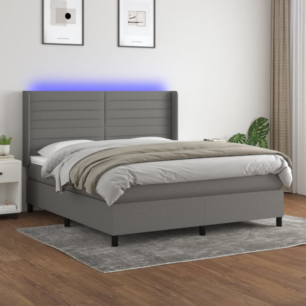 Cama box spring colchón y luces LED tela gris oscuro 180x200 cm D