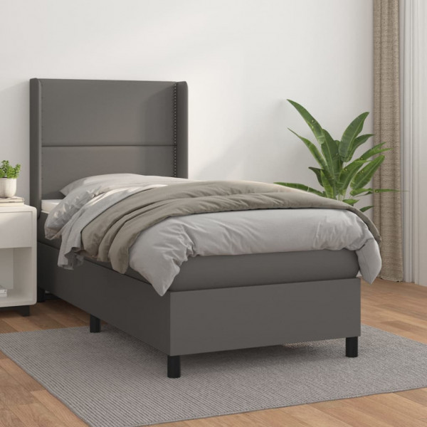 Cama box spring con colchón cuero sintético gris 80x200 cm D