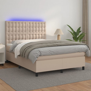 Cama box spring colchón LED cuero sintético capuchino 140x190cm D