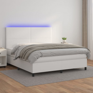 Cama box spring colchón y LED cuero sintético blanco 180x200 cm D