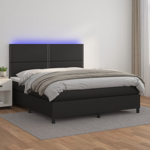 Cama box spring com colchão e couro sintético LED preto 160x200 cm D