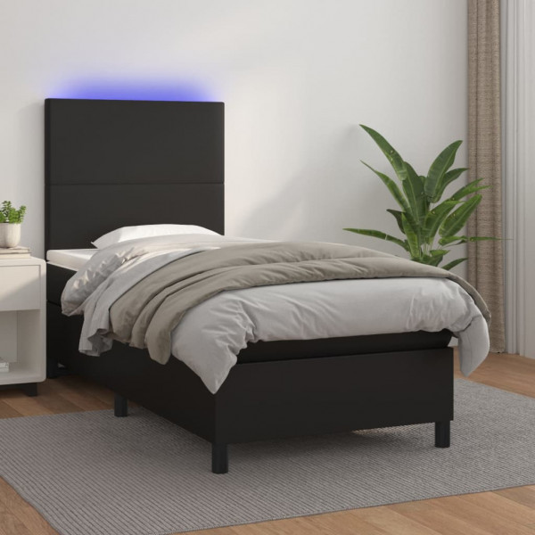 Cama box spring colchão e LED couro sintético preto 100x200 cm D