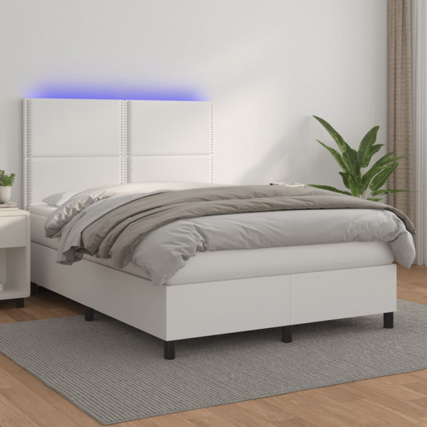 Cama box spring colchón y LED cuero sintético blanco 140x190 cm D