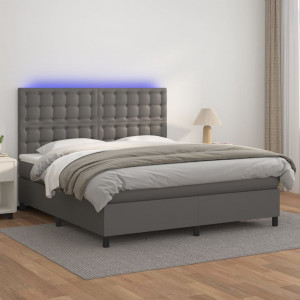 Cama box spring colchón y LED cuero sintético gris 160x200 cm D