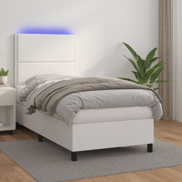 Cama box spring y colchón LED cuero sintético blanco 90x190 cm D